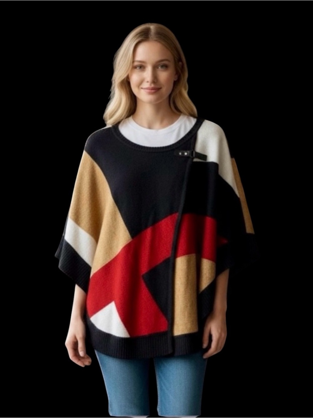 Colorblock Knit Poncho Sweater - Black/Red/Beige/White L - 2X